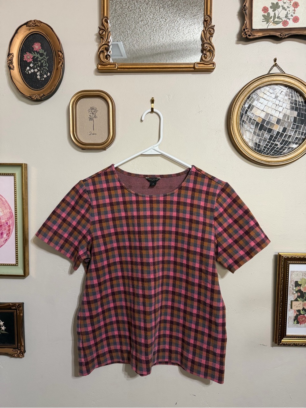 Ann Taylor Pink and Brown Plaid Short-Sleeve Top